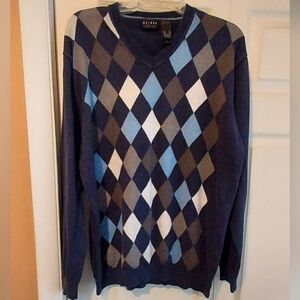 Axcess Mens XL Sweater Blue V Neck Argyle Green Gray Cotton Academia Preppy